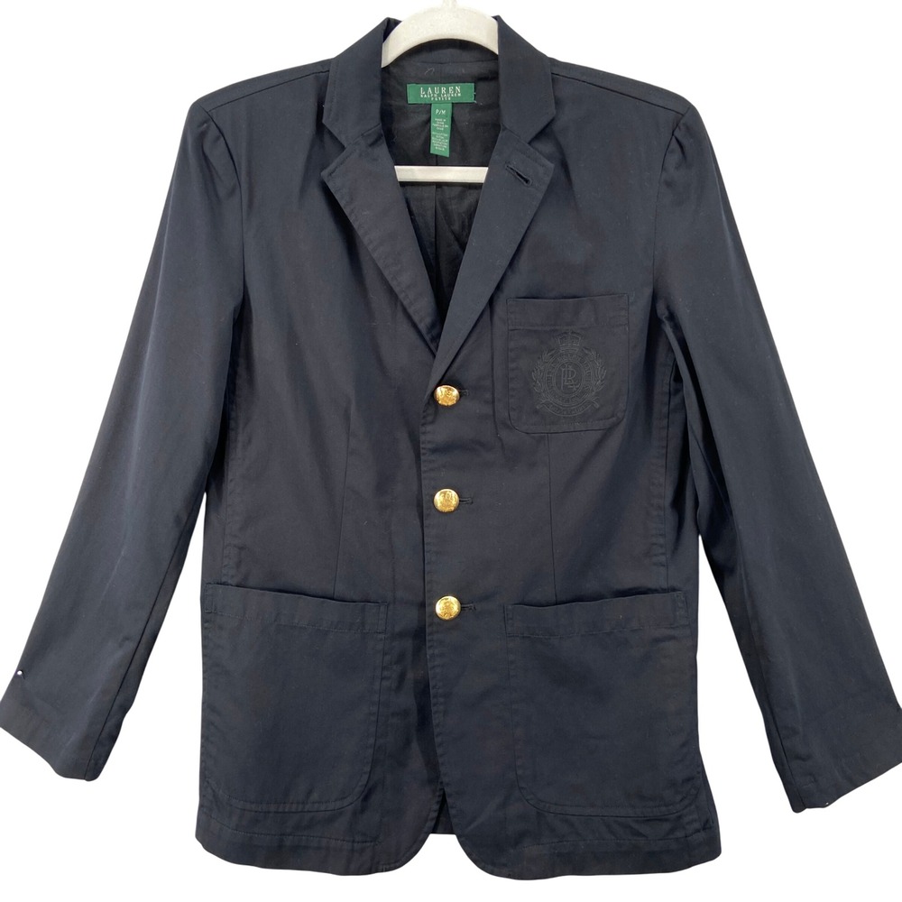 VTG Lauren Ralph Lauren Petite Blazer Jacket PM Blue Gold Button Embroider Crest